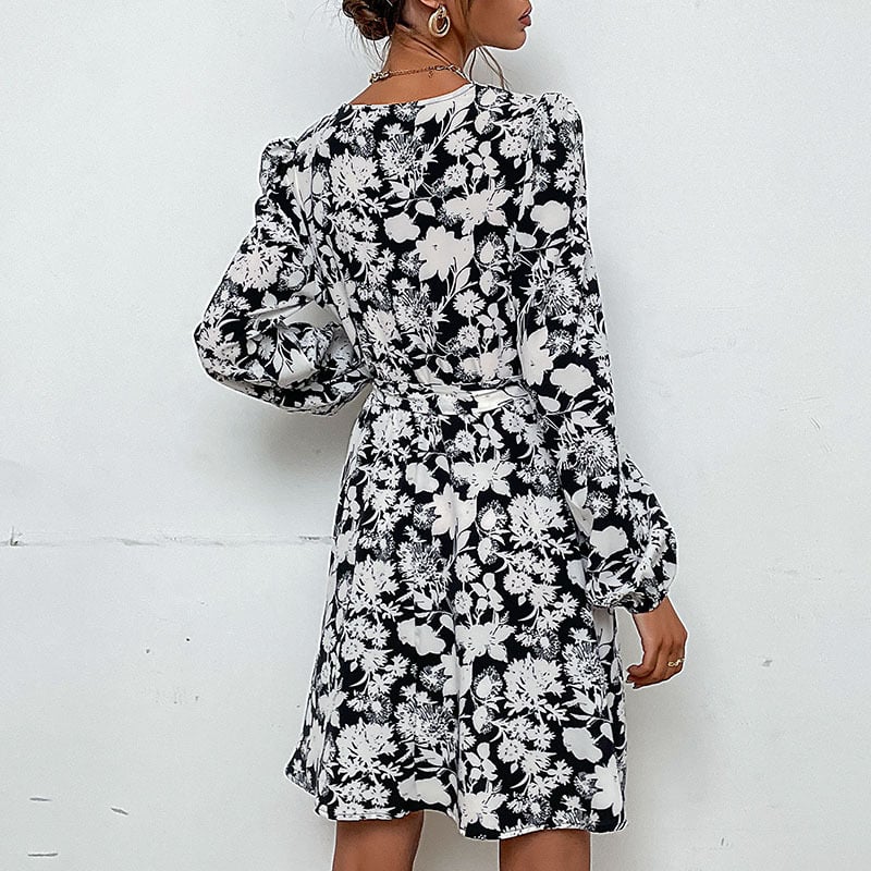 Bedrucktes V-Ausschnitt A-Linien Kleid mit Schnürung | Ideal für Frühling und Herbst