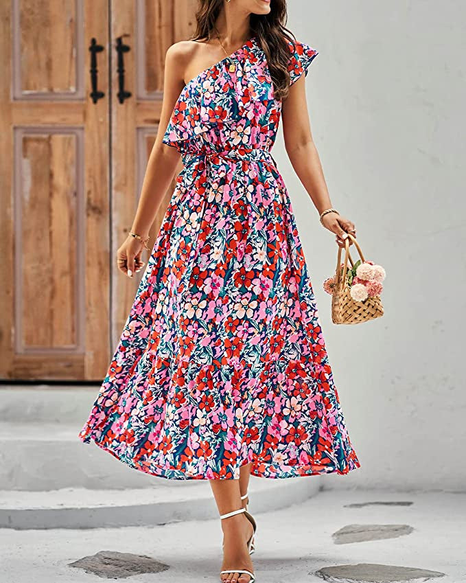 Ärmelloses Boho-Print High-Waist-Kleid mit asymmetrischer Schulter | Ideal für Frühling und Sommer