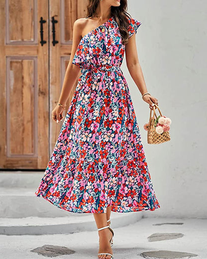 Ärmelloses Boho-Print High-Waist-Kleid mit asymmetrischer Schulter | Ideal für Frühling und Sommer