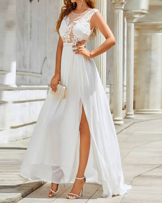 Chiffon Spitzen Hochzeitskleid mit Schleppe | Ideal für alle Jahreszeiten