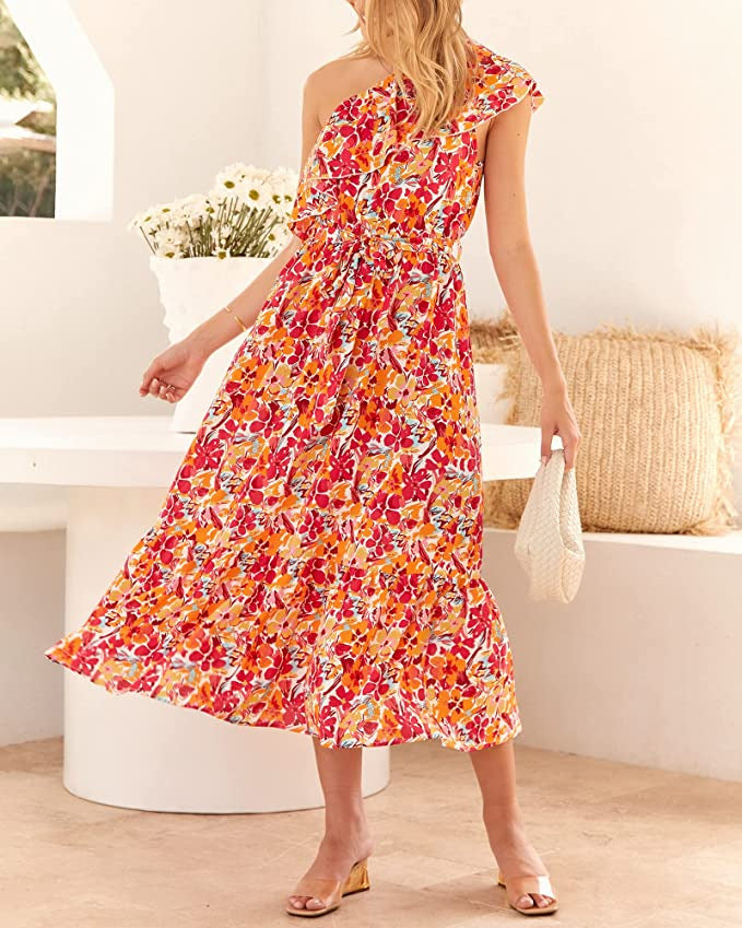 Ärmelloses Boho-Print High-Waist-Kleid mit asymmetrischer Schulter | Ideal für Frühling und Sommer