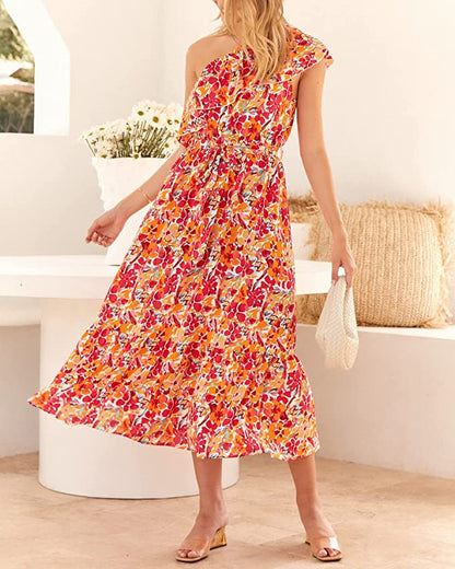 Ärmelloses Boho-Print High-Waist-Kleid mit asymmetrischer Schulter | Ideal für Frühling und Sommer