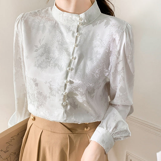 Stehkragen Perlenverziertes Damen Langarmshirt | Ideal für Herbst