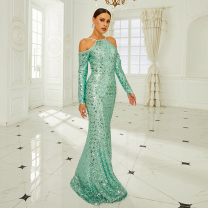 Schulterfreies Langarm Pailletten Fischschwanz Kleid | Ideal für Herbst und Winter