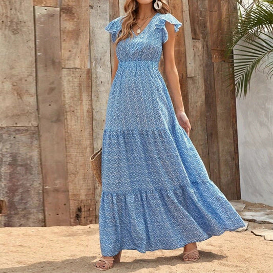 Bohemian V-Ausschnitt Blumendruck Kleid mit kurzen Ärmeln | Ideal für den Sommer