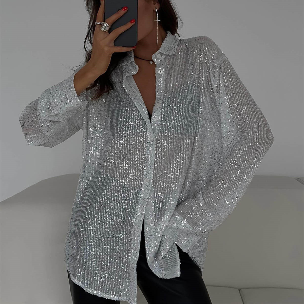 Pailletten Revers Langarmshirt | Ideal für Herbst
