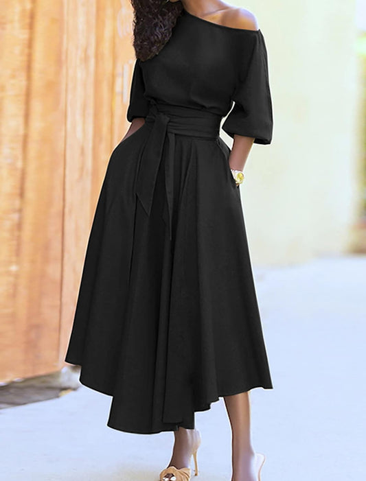 Asymmetrisches Midikleid mit Taillengürtel und Puffärmeln | Ideal für Frühling und Herbst