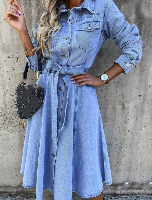 Denim Midikleid im Hemdblusenstil mit Langarm und Taschen | Ideal für Frühling und Herbst