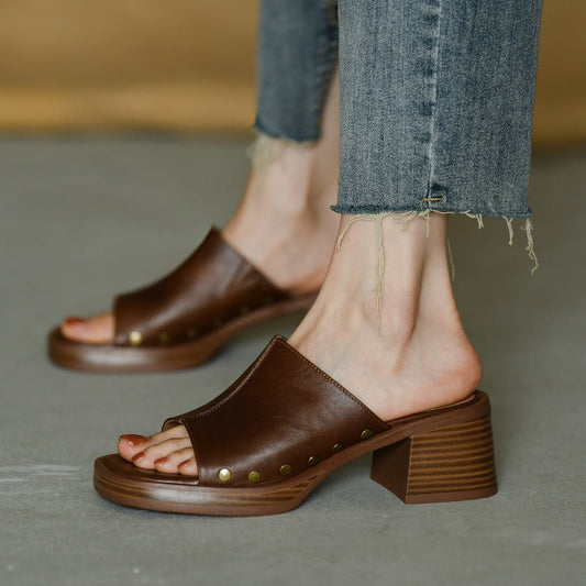 Square Toe Chunky Heel Mikrofaser Hausschuhe | Ideal für den Sommer