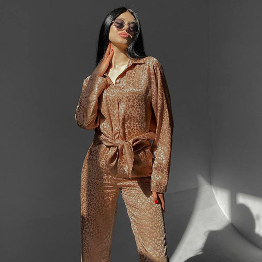 Pyjama-Set mit Langarm und Leopardenmuster und Schnürhose | Ideal für alle Jahreszeiten