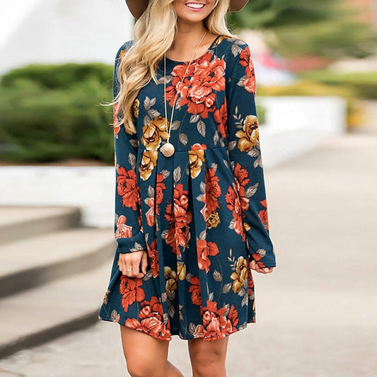 Geblümtes A-Linienkleid mit Langarm Rundhalsausschnitt und Hoher Taille | Ideal für Frühling und Herbst