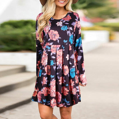 Geblümtes A-Linienkleid mit Langarm Rundhalsausschnitt und Hoher Taille | Ideal für Frühling und Herbst