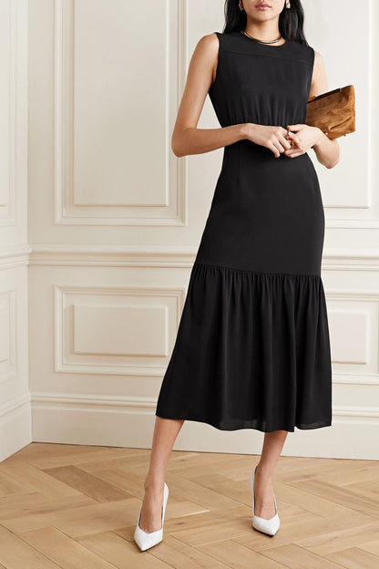 Rundhals Ärmelloses Faltenlanges Kleid | Ideal für Frühling und Herbst