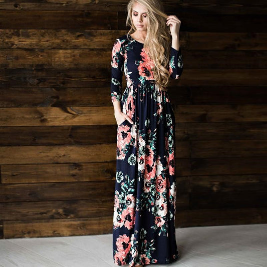 Bedrucktes Langes Schwingkleid mit Mittelhohem Taillenschnitt und Schlupfdesign | Ideal für Frühling und Sommer