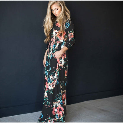 Bedrucktes Langes Schwingkleid mit Mittelhohem Taillenschnitt und Schlupfdesign | Ideal für Frühling und Sommer