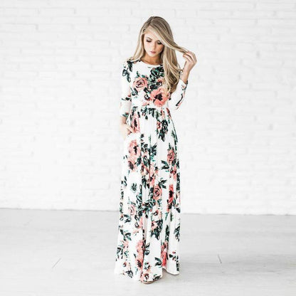 Bedrucktes Langes Schwingkleid mit Mittelhohem Taillenschnitt und Schlupfdesign | Ideal für Frühling und Sommer