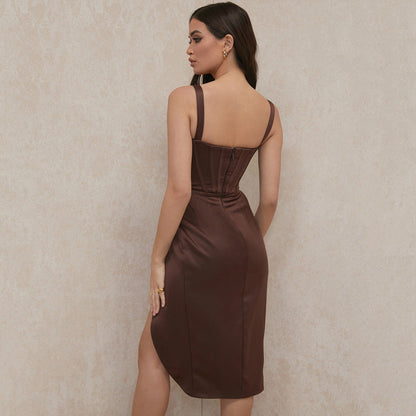 Satin Midi Kleid mit Hoher Taille und Unregelmäßigem Saum | Ideal für Frühling und Sommer