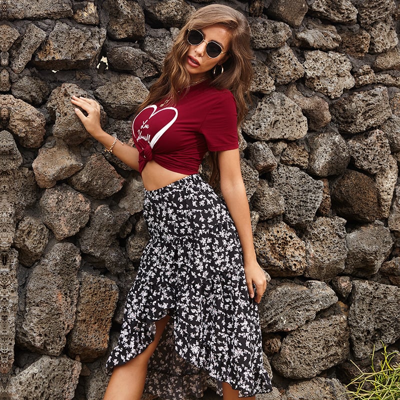 Chiffon Midirock mit Blumenmuster und Rüschensaum | Ideal für Frühling und Sommer