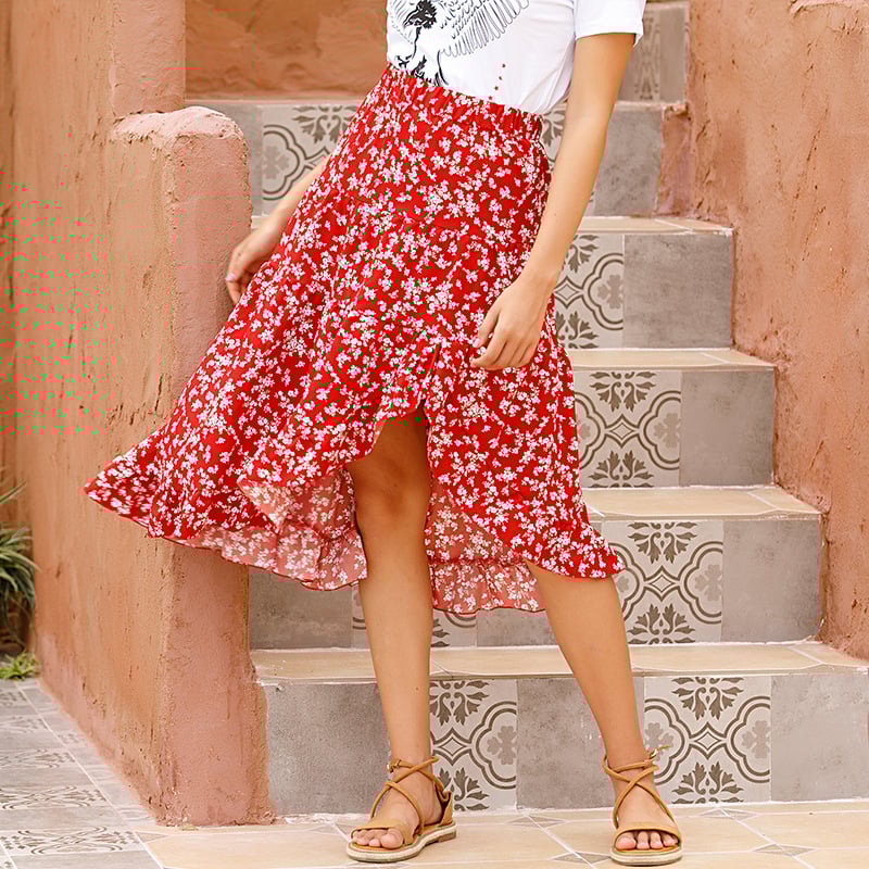 Chiffon Midirock mit Blumenmuster und Rüschensaum | Ideal für Frühling und Sommer