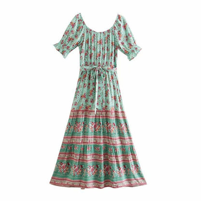 A-Linien Lang Maxi Kleid mit Gürtel und Blumenmuster | Ideal für Sommer