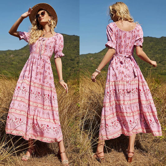 A-Linien Lang Maxi Kleid mit Gürtel und Blumenmuster | Ideal für Sommer