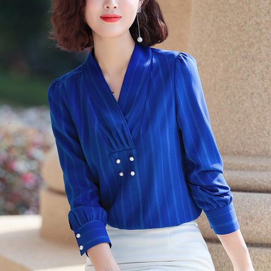 Gestreifte Chiffonbluse mit V-Ausschnitt und Zweireihiger Front | Ideal für Frühling und Herbst