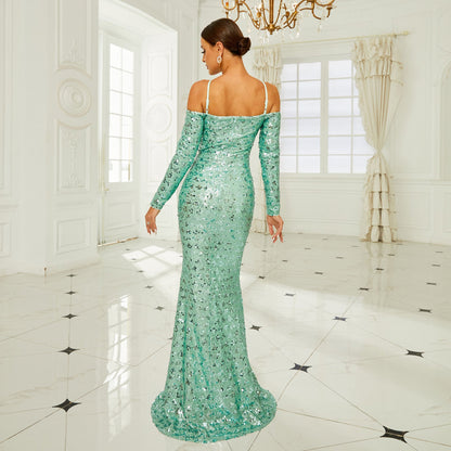 Schulterfreies Langarm Pailletten Fischschwanz Kleid | Ideal für Herbst und Winter