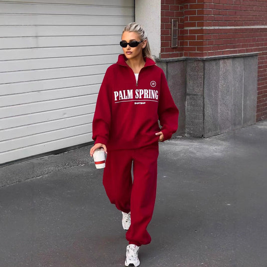 Zweiteiliges Set mit Buchstabenprint Reißverschluss-Sweater und Hose | Ideal für Frühling und Herbst