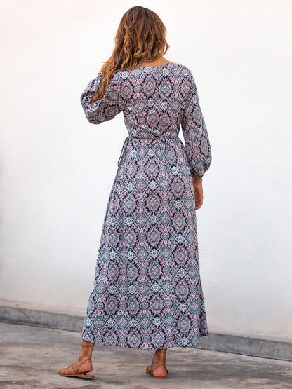 Bedrucktes V-Ausschnitt-Langes Kleid mit Laternenärmeln | Ideal für Frühling und Herbst