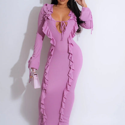 Violettes Langarmkleid mit Schnürung und Rüschenkante im Hüftrock-Stil | Ideal für Herbst und Winter