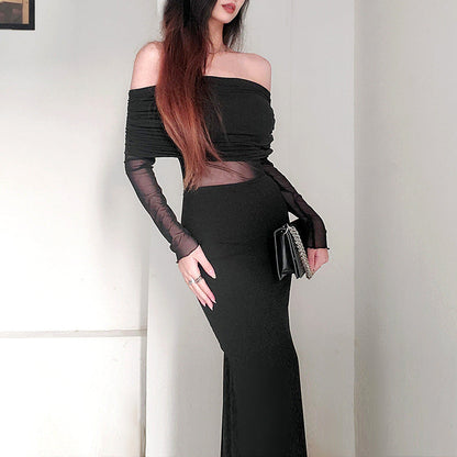 Off-Shoulder Plissiertes Langarm Maxikleid Ideal für Winter