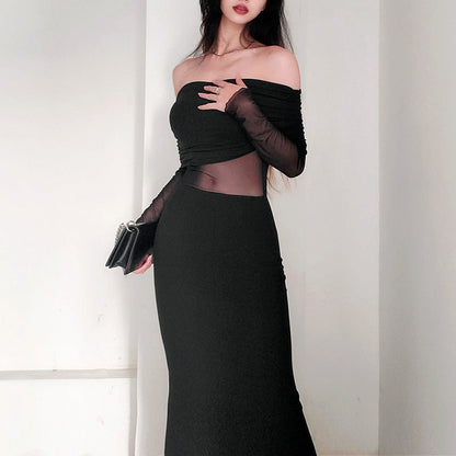 Off-Shoulder Plissiertes Langarm Maxikleid Ideal für Winter