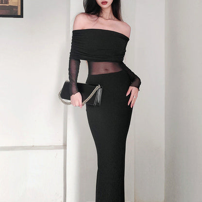 Off-Shoulder Plissiertes Langarm Maxikleid Ideal für Winter