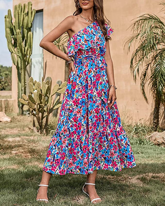 Ärmelloses Boho-Print High-Waist-Kleid mit asymmetrischer Schulter | Ideal für Frühling und Sommer