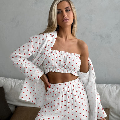 Baumwoll-Pyjama-Set mit Herzdruck und Langarm-Röhrenoberteil sowie Hose | Ideal für Alle Jahreszeiten