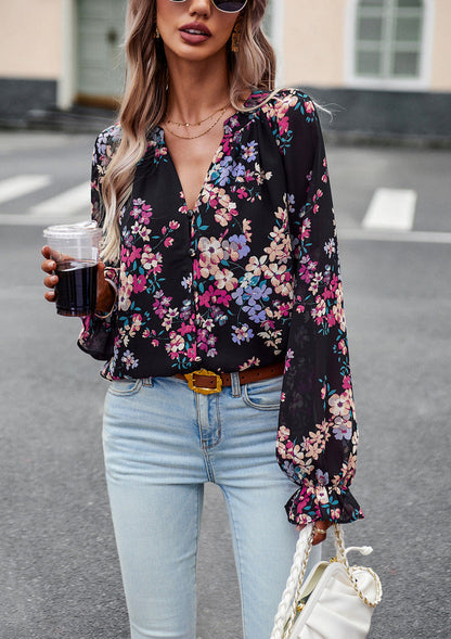 Bluse aus Chiffon mit Floralprint und V-Ausschnitt