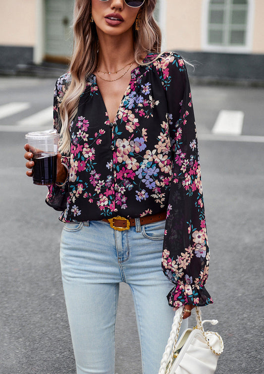 Bluse aus Chiffon mit Floralprint und V-Ausschnitt