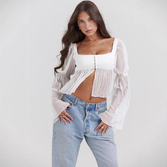 Damen Transparentes Chiffonoberteil mit Langarm und Karreeausschnitt | Ideal für Frühling und Sommer
