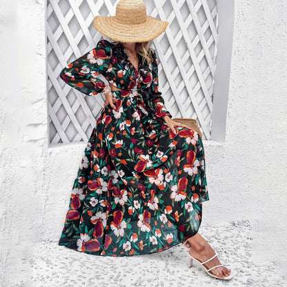 Geblümtes Kleid mit V-Ausschnitt und Laternenärmeln | Ideal für Frühling und Herbst