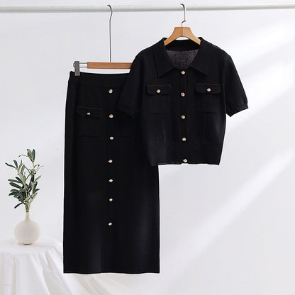 Strick Polo Kragen Kurzarm Pullover und Mid-Länge Rock Set | Ideal für Frühling