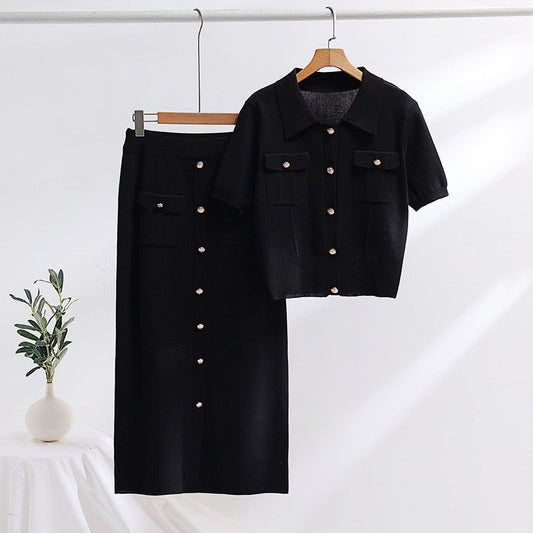 Strick Polo Kragen Kurzarm Pullover und Mid-Länge Rock Set | Ideal für Frühling