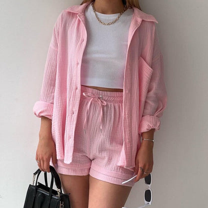 Langarm Hemd mit Reverskragen und Hohe Taille Kordelzug Shorts Set aus Baumwollmischung | Ideal für Frühling und Sommer