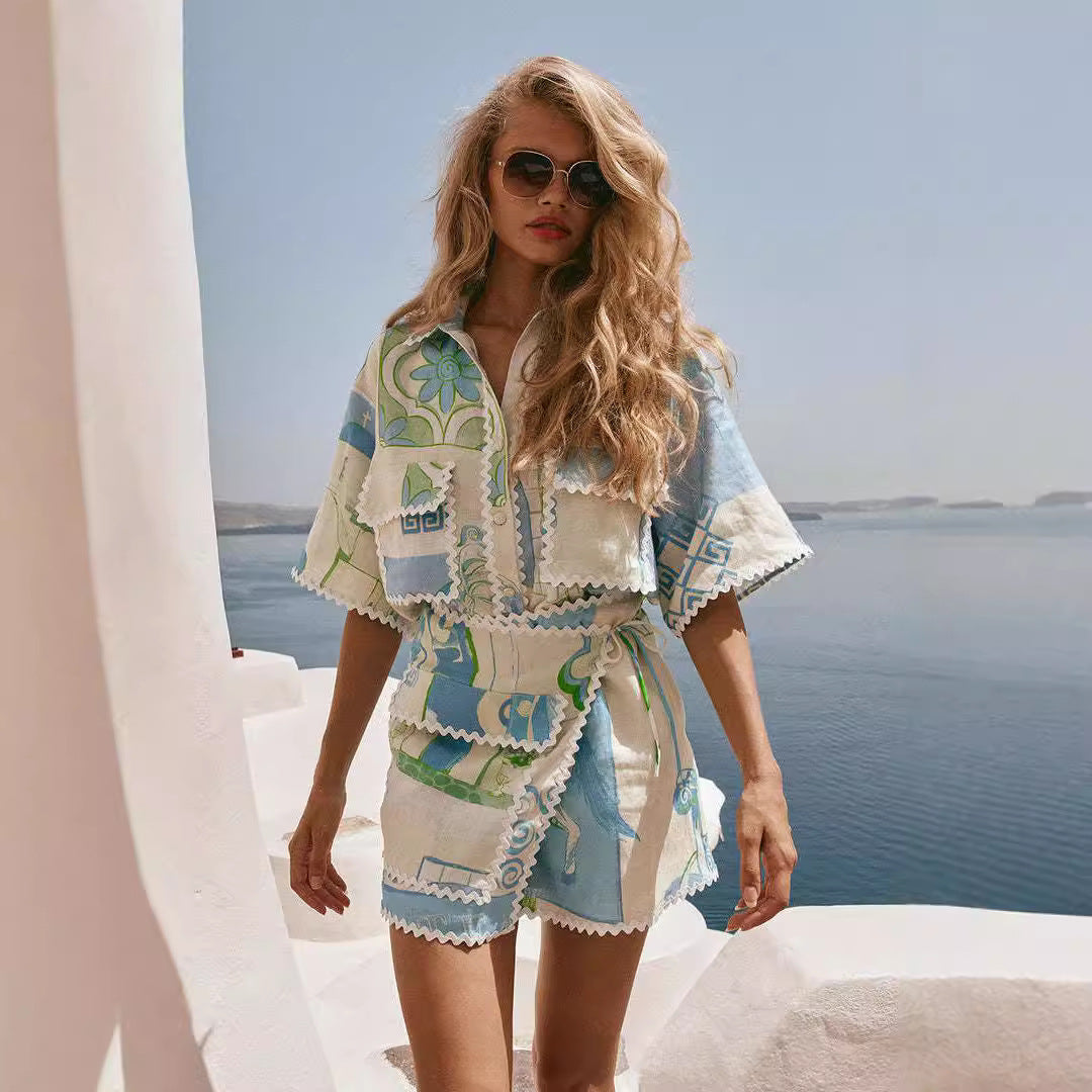 Spitzen-Druck Baumwoll-Leinen Zweiteiliges Set | Ideal für Frühling und Sommer