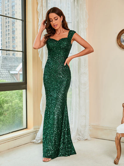Grünes Pailletten Maxikleid mit Trägern | Ideal für Frühling und Sommer