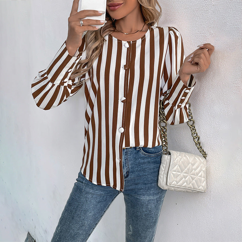 Gestreifter Einreihiger Cardigan mit V-Ausschnitt | Ideal für Herbst