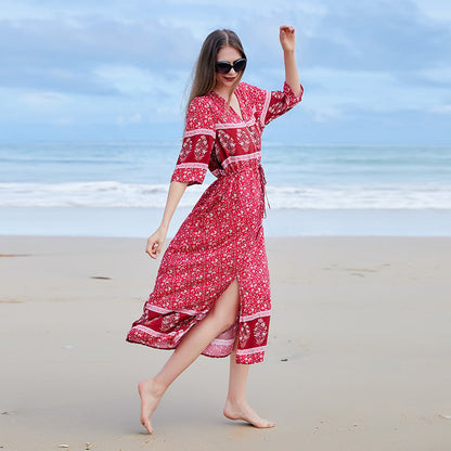 Langärmeliges Übergrößen-Kleid mit Blumenmuster und V-Ausschnitt | Ideal für Frühling und Herbst