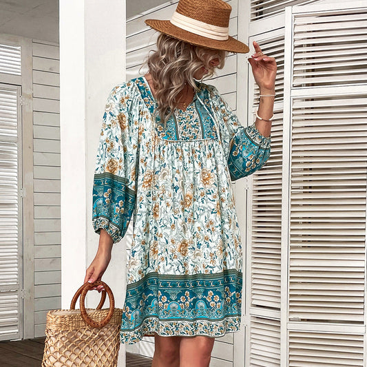 Bedrucktes Locker Geschnittenes Kleid mit Kurzen Ärmeln | Ideal für Sommer