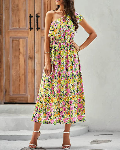 Ärmelloses Boho-Print High-Waist-Kleid mit asymmetrischer Schulter | Ideal für Frühling und Sommer