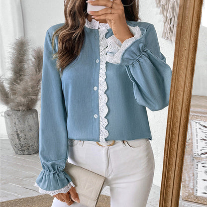 Einreihiges Blaues Cardigan-Hemd mit Spitzenkragen | Ideal für Frühling & Herbst