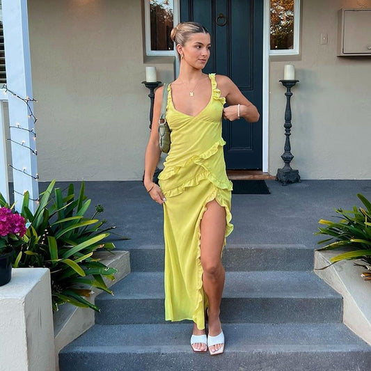 Faltiges V-Ausschnitt Unregelmäßiges Langarmkleid | Ideal für Frühling und Sommer